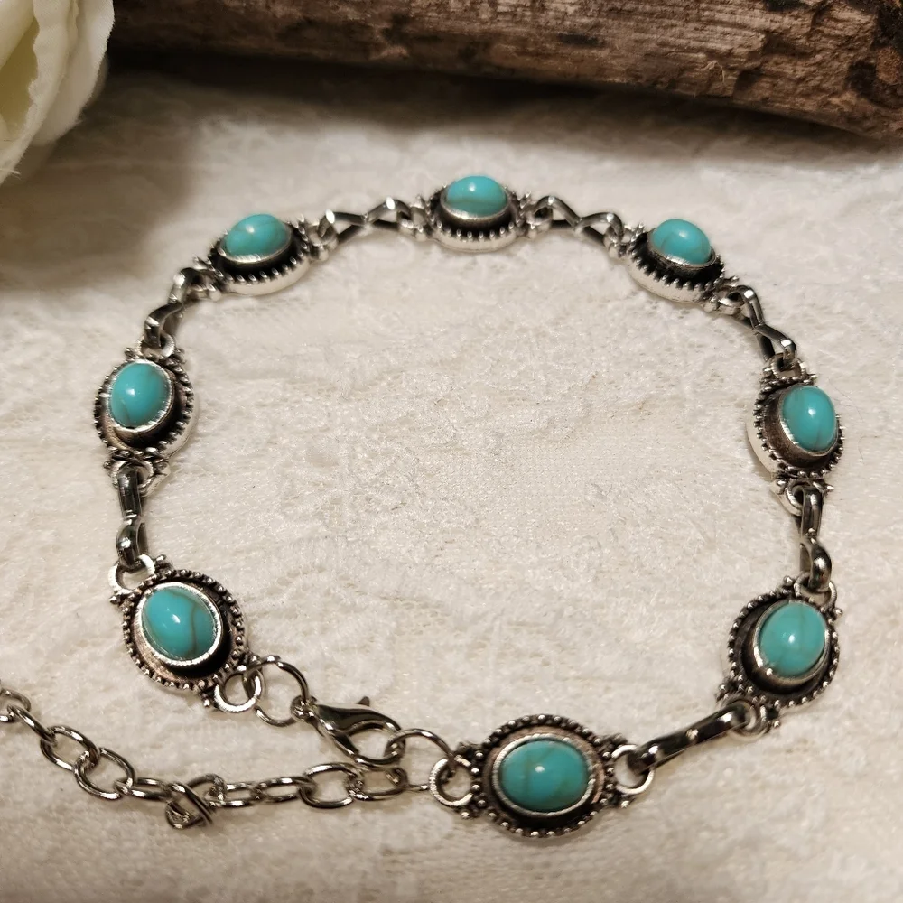 Reworked Hand Crafted Faux Silver and Faux Turquoise Jewelry Set